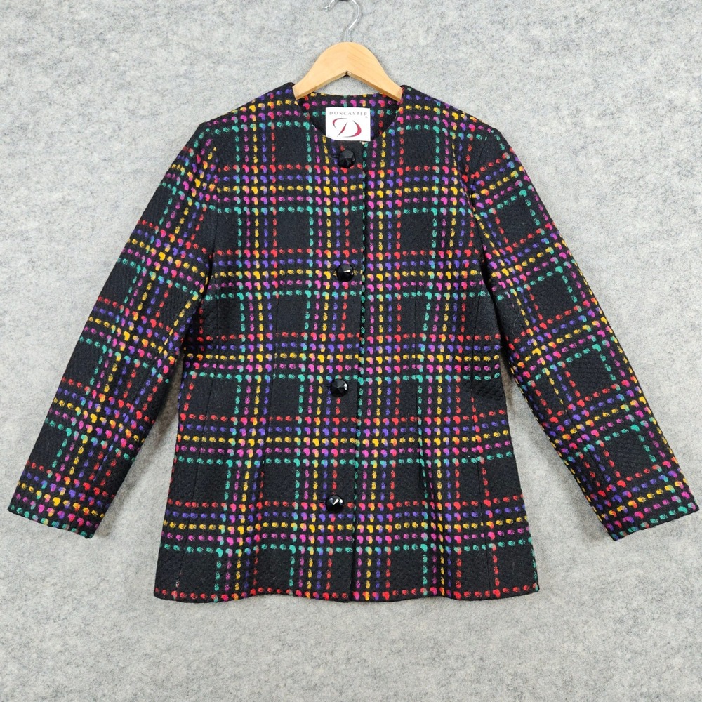Doncaster Womens Black & Multicolor Plaid Windowpane Blazer Jacket Size 6 Church